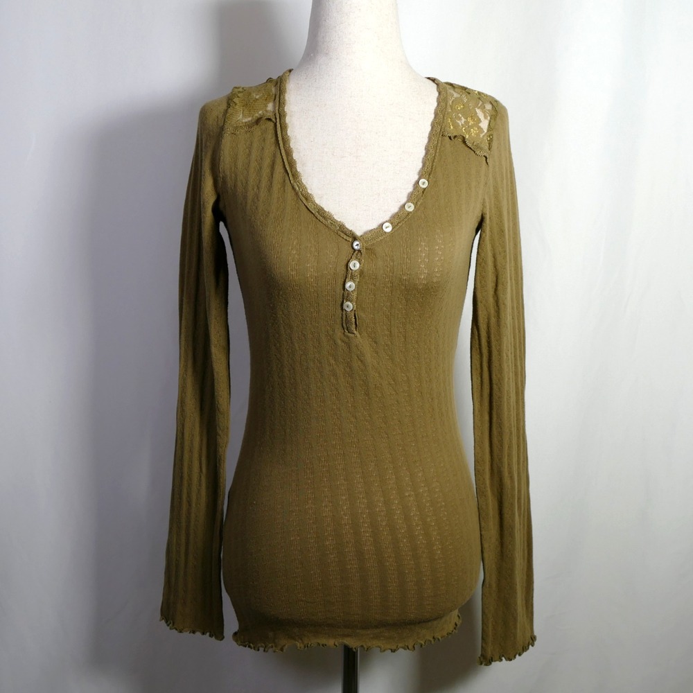Ralph Lauren Y2K Lace Trim Henley Top Size S Lettuce Hem Pointelle Elena Bella